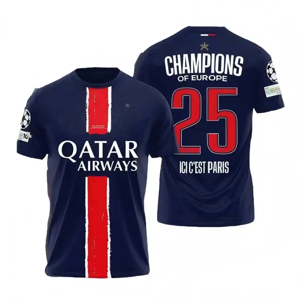 Paris Saint-Germain Champion Edition Short-Sleeved Top Dembele & Doue 3Ds Breath-Comfortable Outdoor Sports Training